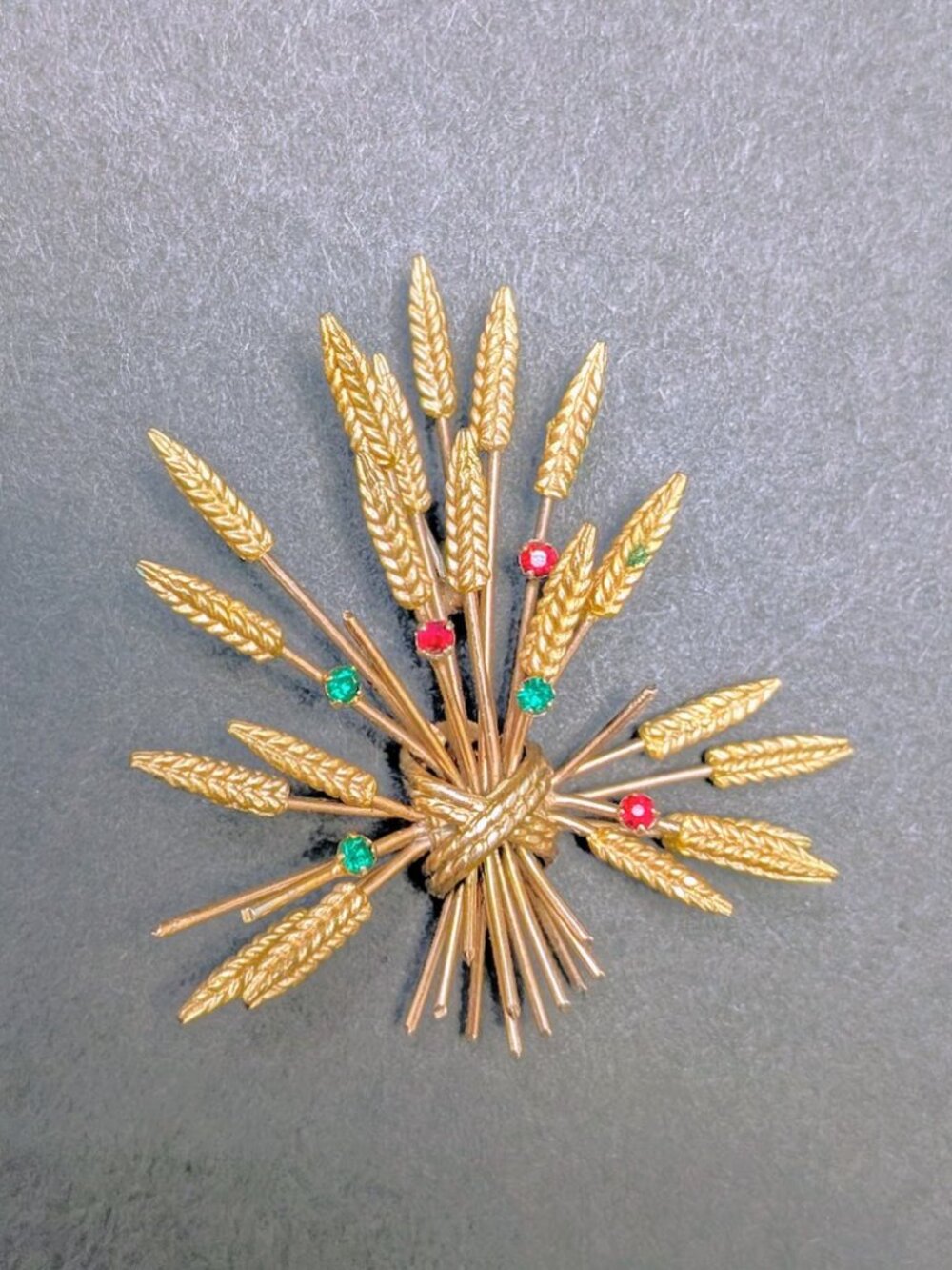 Vintage KARU Wheat Sheaf Brooch Gold Tone Red Green Rhinestone MCM
